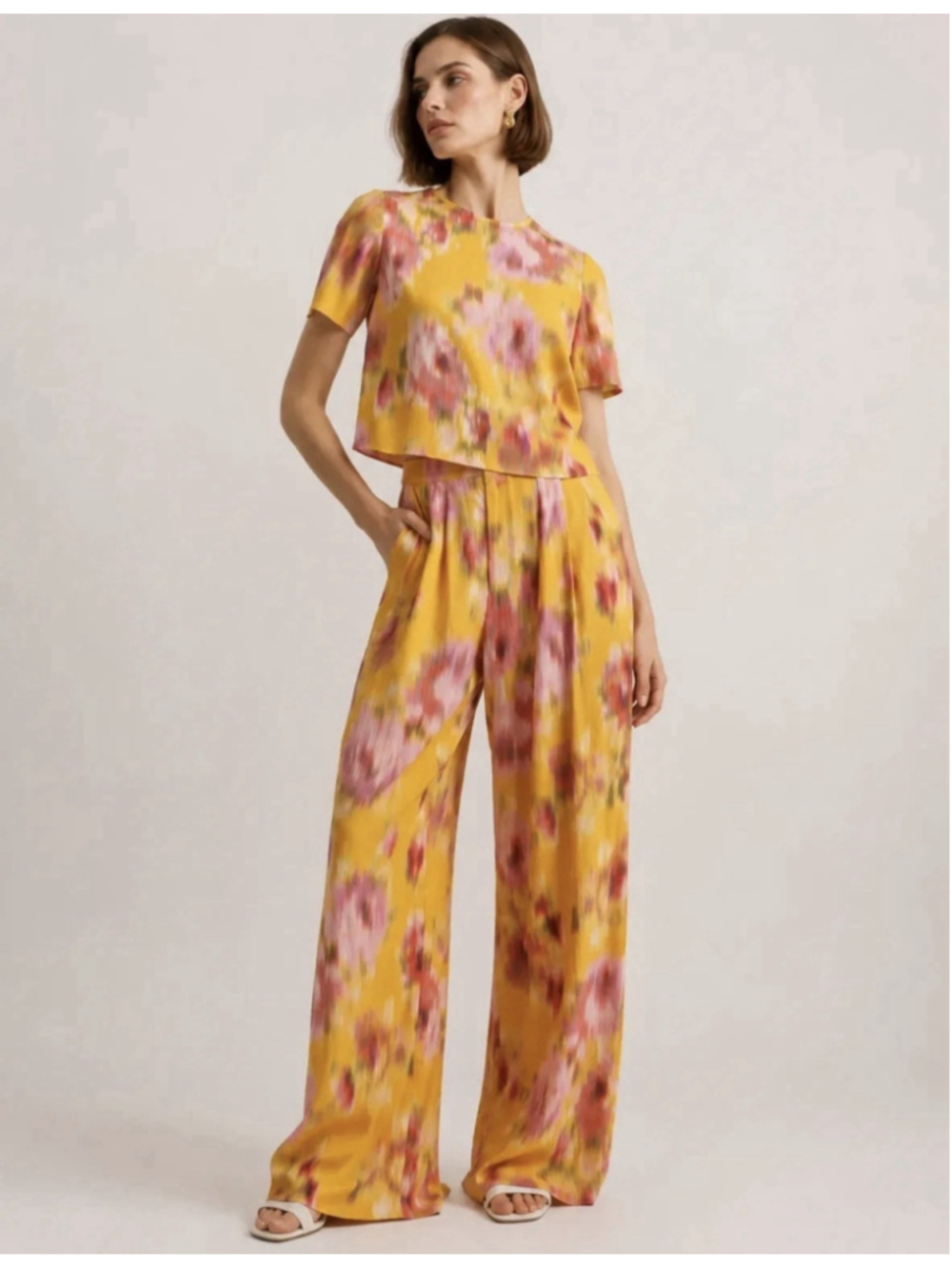 NWT Ted Baker Floral 2 Piece Set Wide Leg Pants Crop Top Orange XS